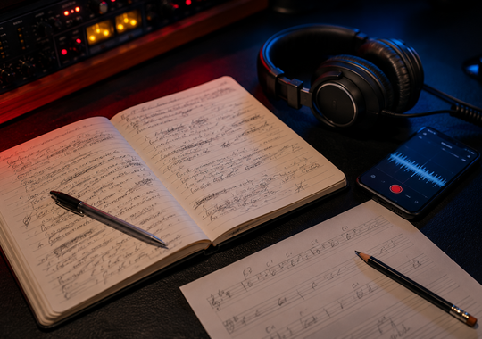 Rough lyrics, chord ideas and a voice memo ready for song development